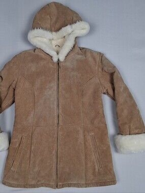Wilsons Leather Shearling Coat White faux Fur-lined Hood Womens Size Medium Tan